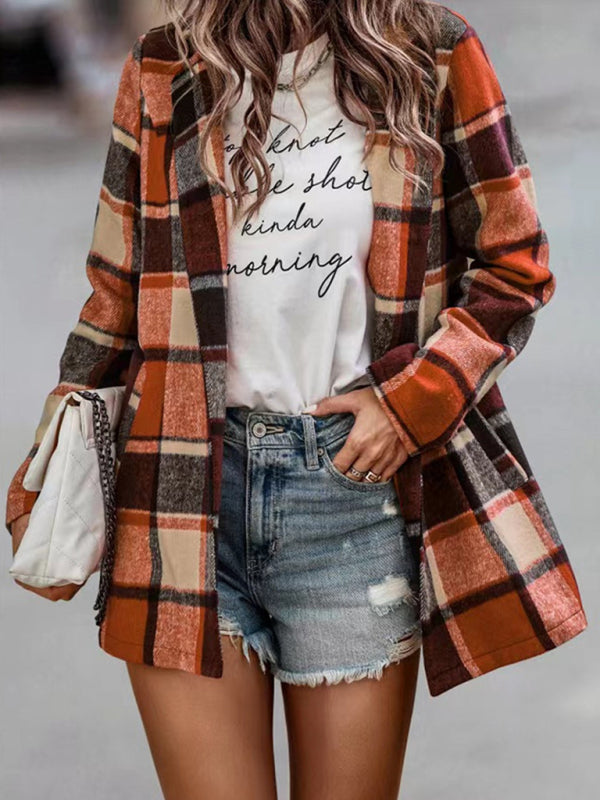 Loose Plaid Printed Long Sleeve Pocket Wool Jacket Cardigan