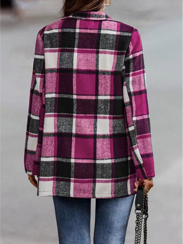 Loose Plaid Printed Long Sleeve Pocket Wool Jacket Cardigan