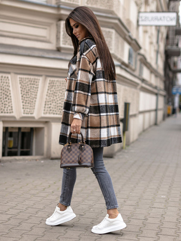 Ladies Long Sleeve Lapel Loose Fit Plaid Wool Coat