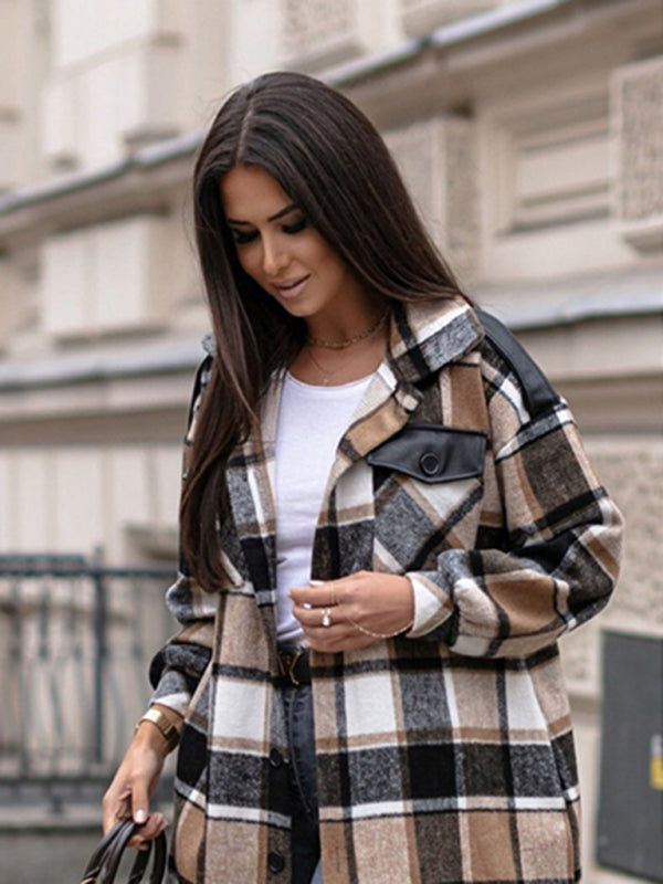 Ladies Long Sleeve Lapel Loose Fit Plaid Wool Coat