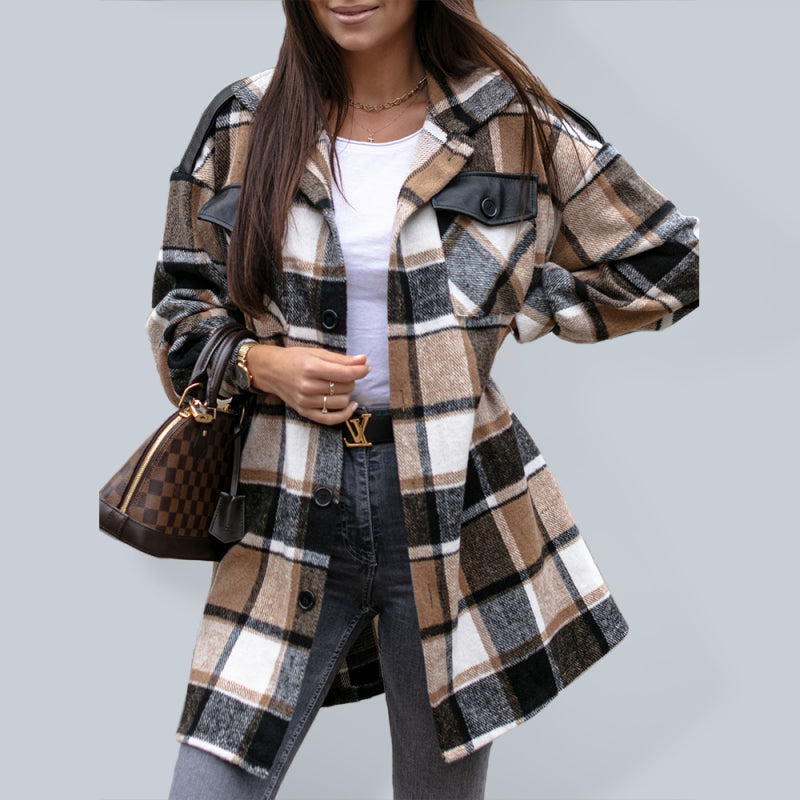 Ladies Long Sleeve Lapel Loose Fit Plaid Wool Coat