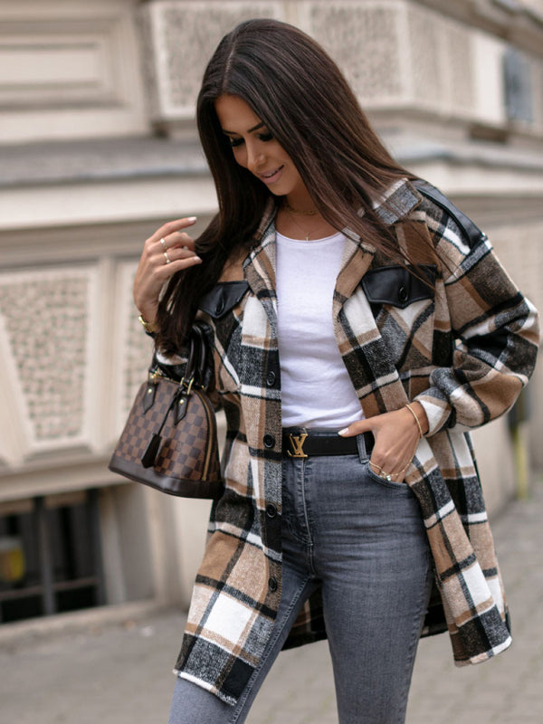 Ladies Long Sleeve Lapel Loose Fit Plaid Wool Coat