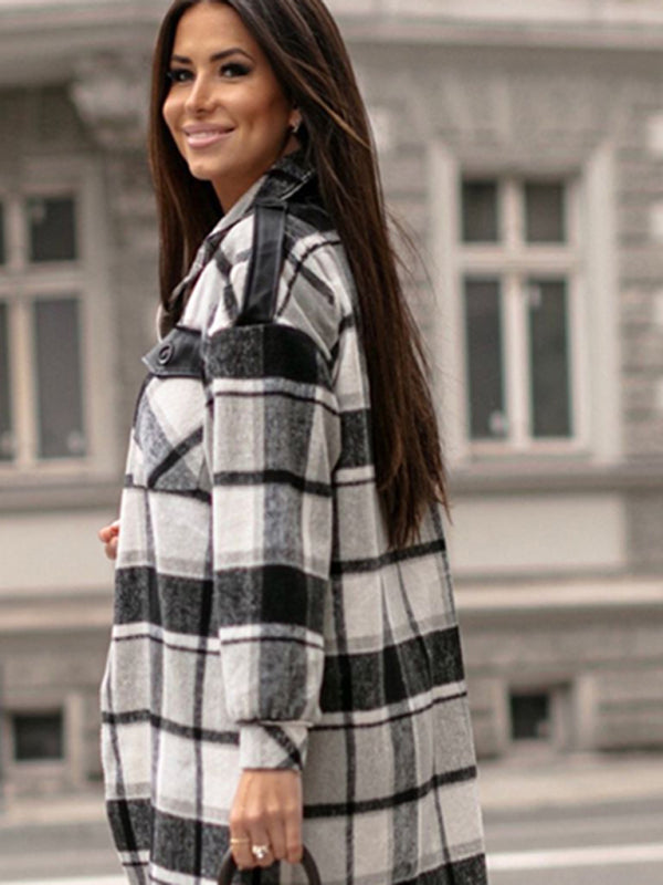 Ladies Long Sleeve Lapel Loose Fit Plaid Wool Coat