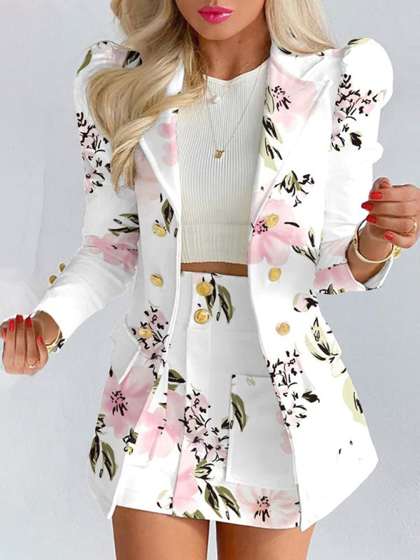 Printed princess sleeve commuter slim skirt suit New style