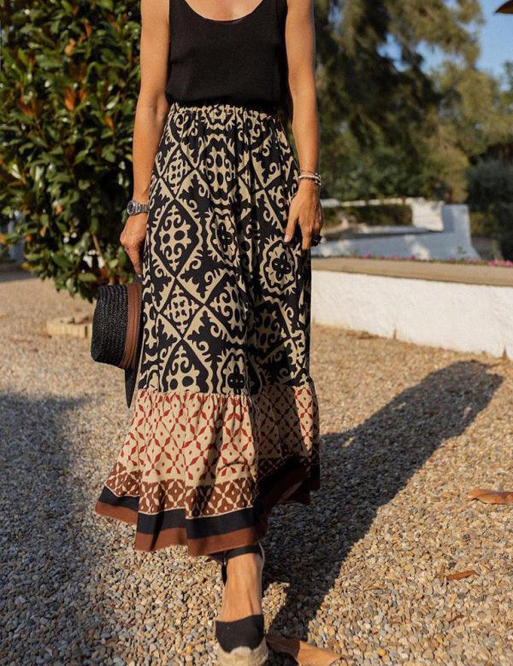 Print Stitching Swing Skirt