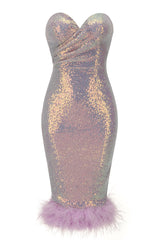 Iridescent Sequin Sweetheart Strapless Feather Cocktail Midi Dress - Lilac