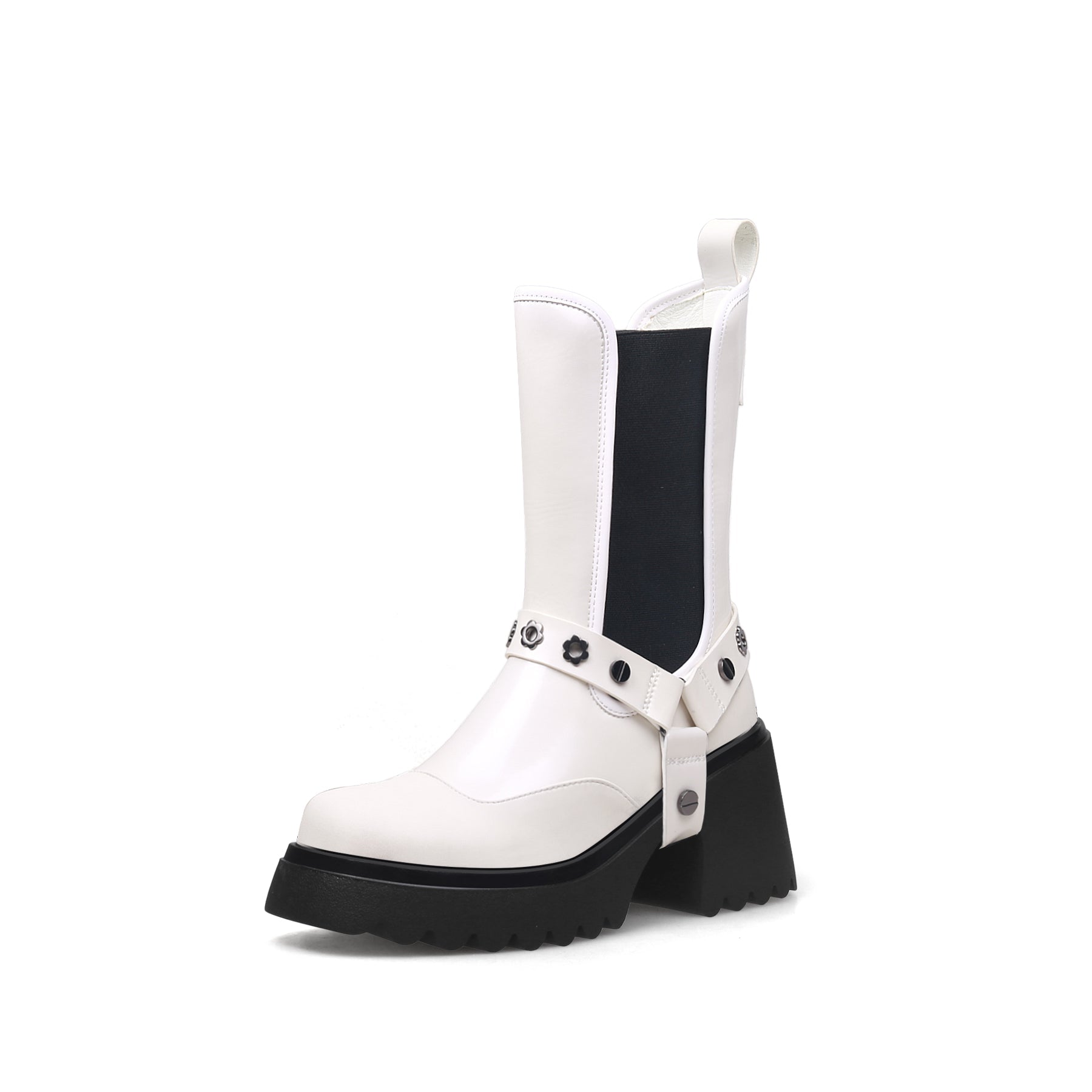 JADY ROSE | STRAP RIVET LEATHER CHELSEA BOOT - IVORY