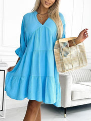 V-neck Solid Color Patchwork Loose Dress