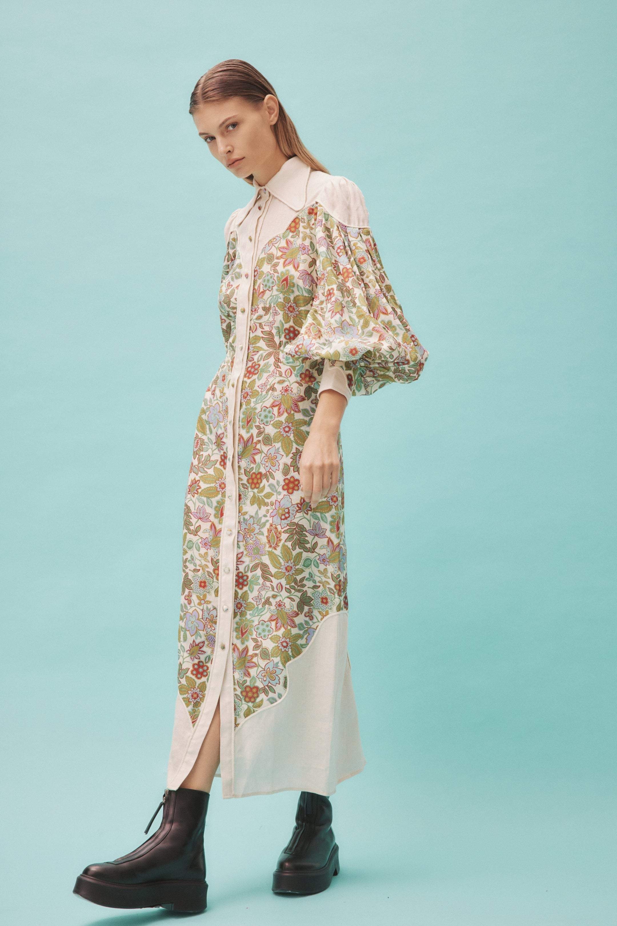 Floral Puff Sleeve Lapel Buttoned Midi Dress