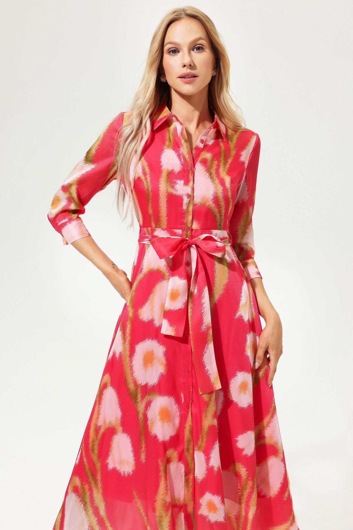 Floral Mid Sleeve Lapel Lace Up Midi Dress