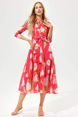 Floral Mid Sleeve Lapel Lace Up Midi Dress