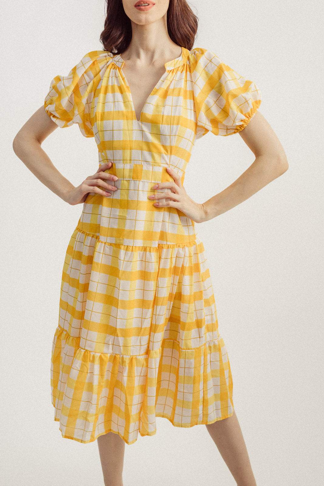 Lantern Sleeve V-neck Lattice Midi Dress Yellow