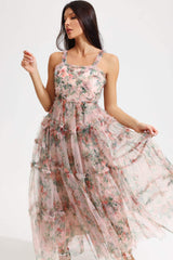 Floral Cami Tapered Waist Frill Hem Midi Dress Pink