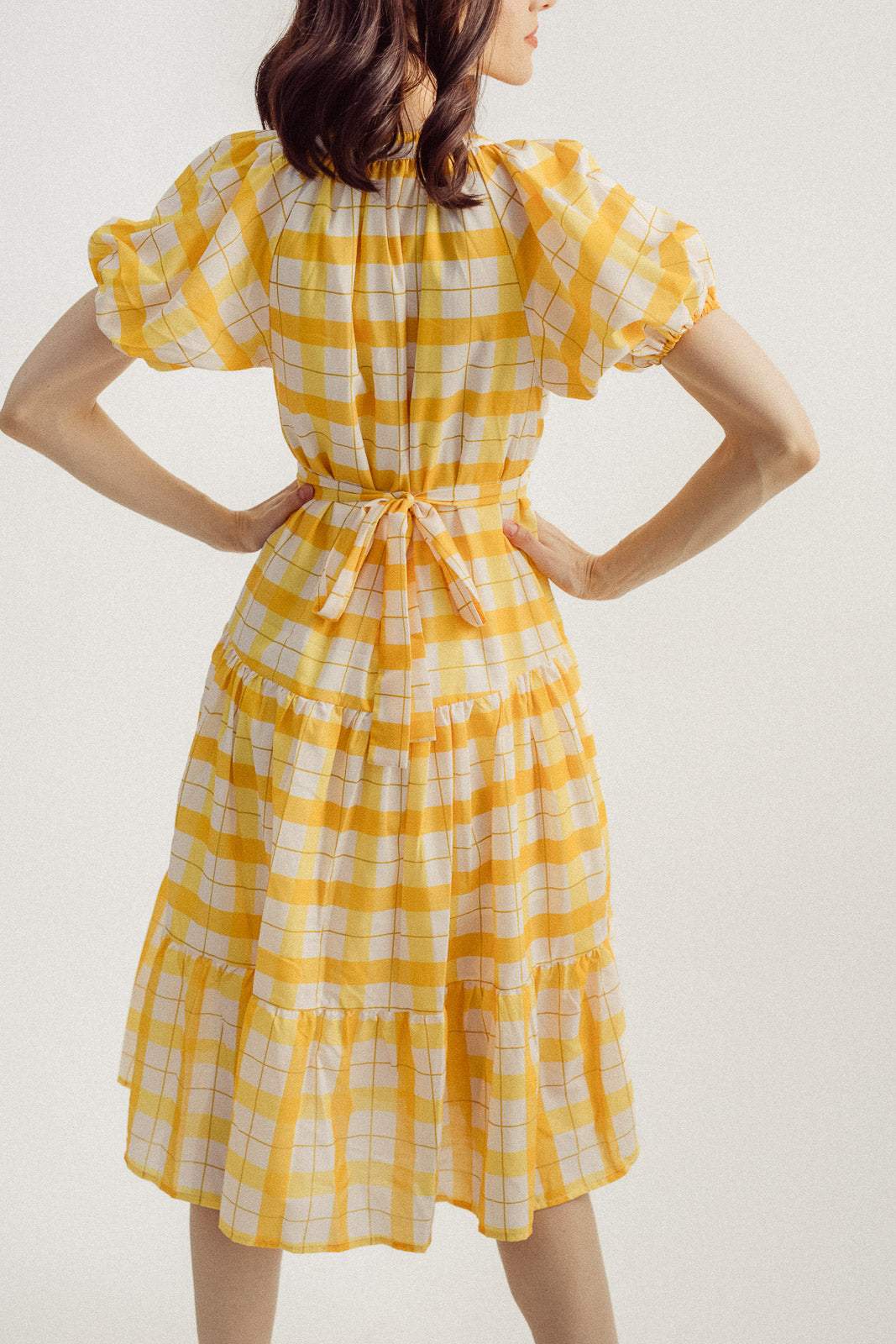 Lantern Sleeve V-neck Lattice Midi Dress Yellow