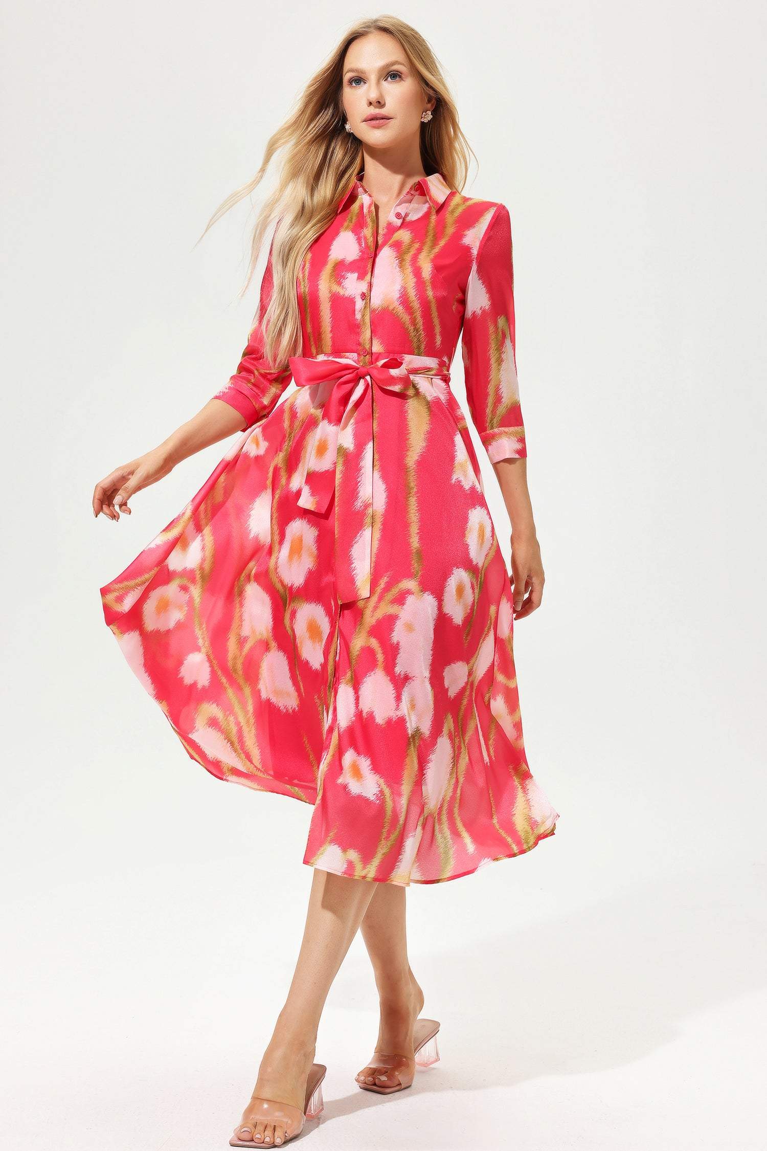 Floral Mid Sleeve Lapel Lace Up Midi Dress