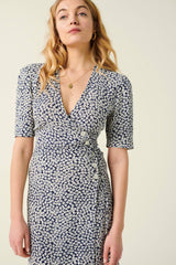 Floral Short Sleeve V-neck Midi Dress Blue