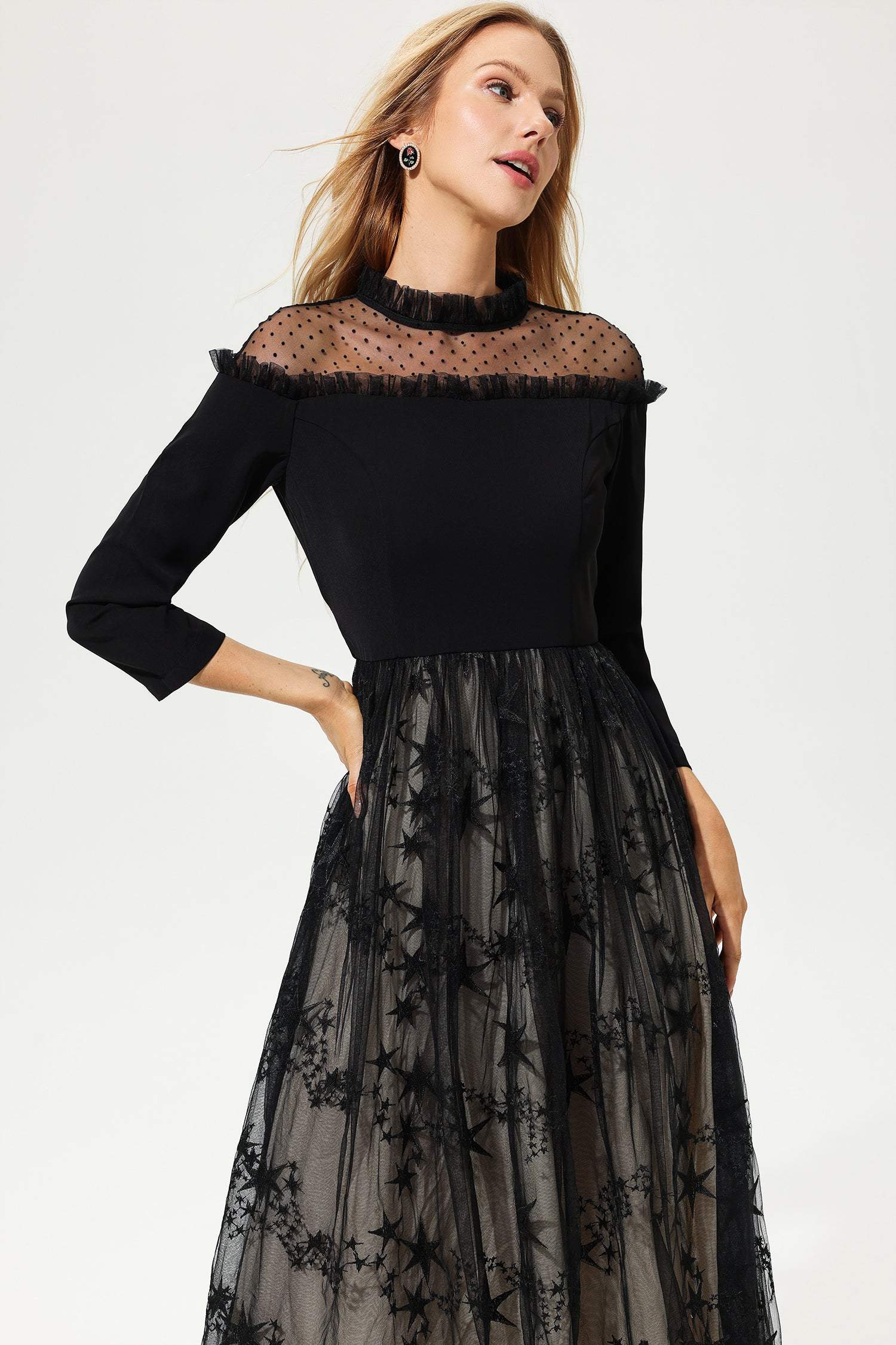 Long Sleeve Crew Collar Lace Midi Dress Black