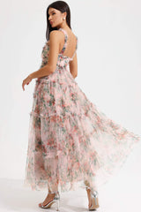 Floral Cami Tapered Waist Frill Hem Midi Dress Pink