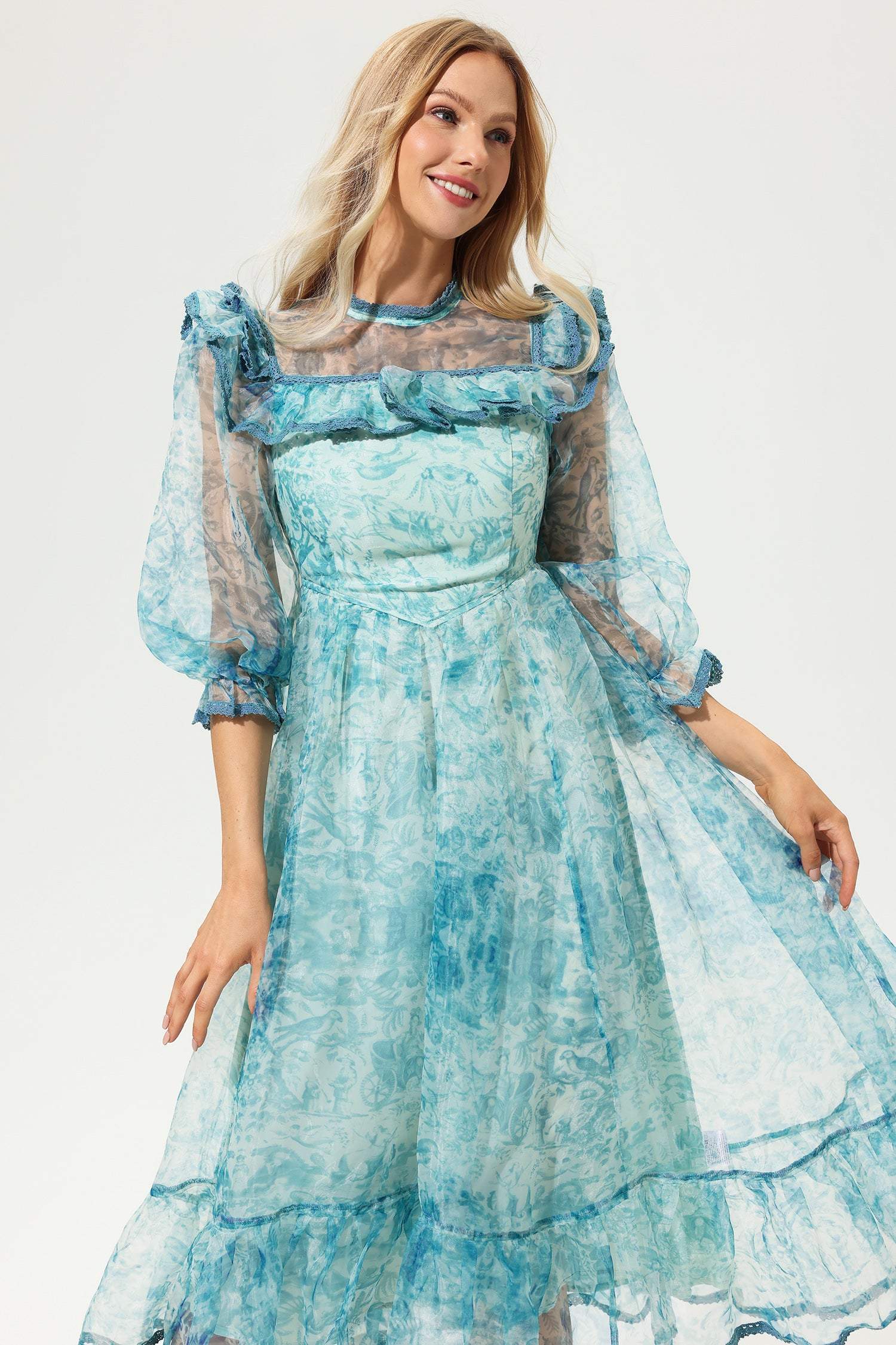 Printed Round Collar Lantern Sleeve Ruffled Midi Dress