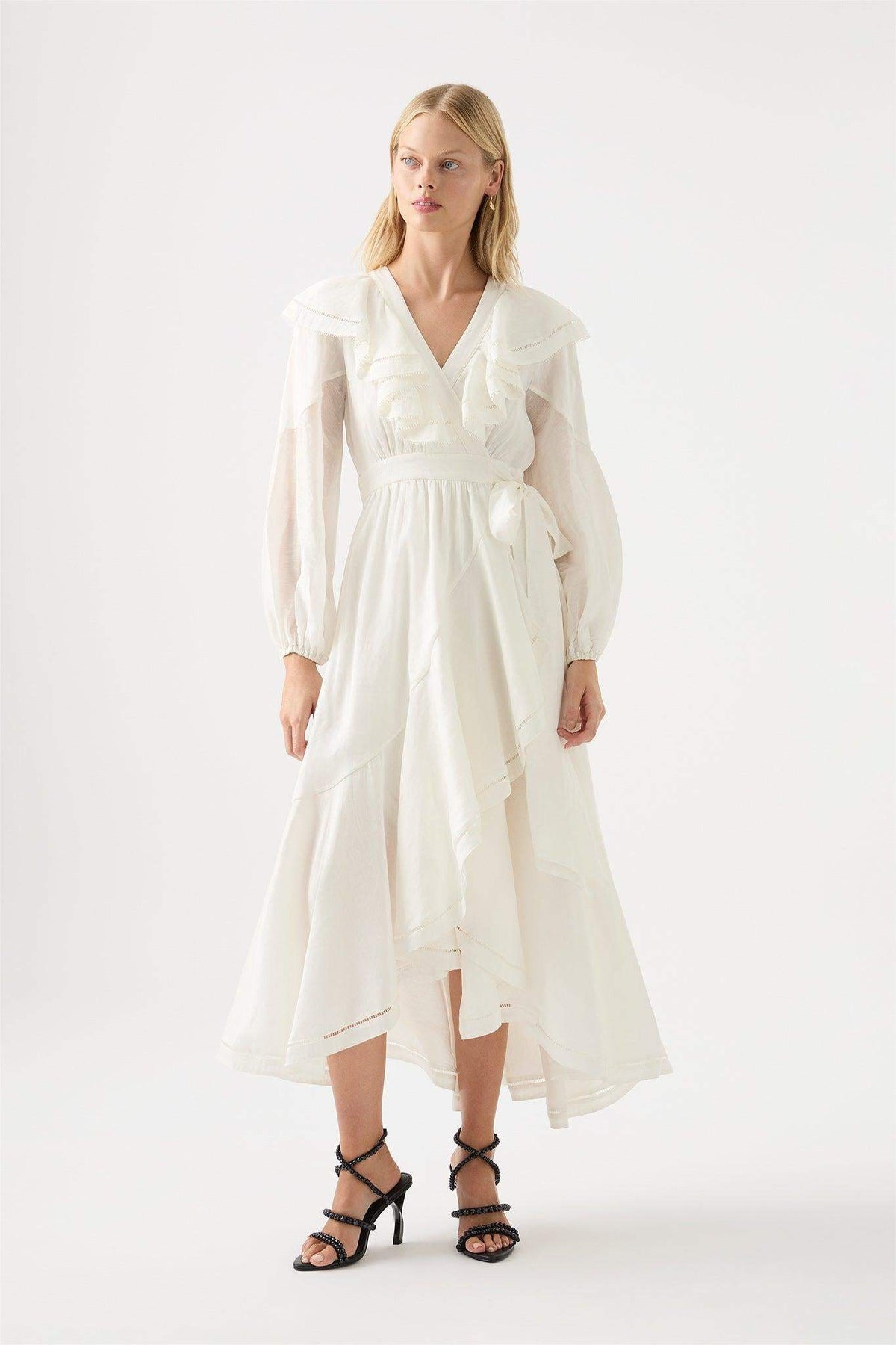 White Long Sleeve V-Neck Asymmetric Ruffle Hem Midi Dress