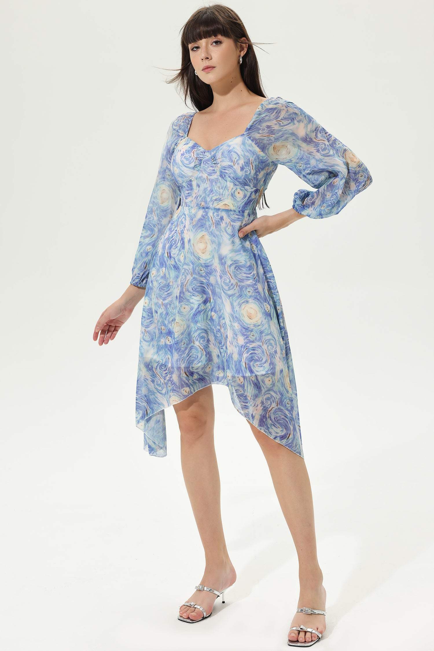 Printed Lantern Sleeve Square Collar Asymmetric Ruffle Hem Midi Dress