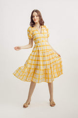 Lantern Sleeve V-neck Lattice Midi Dress Yellow