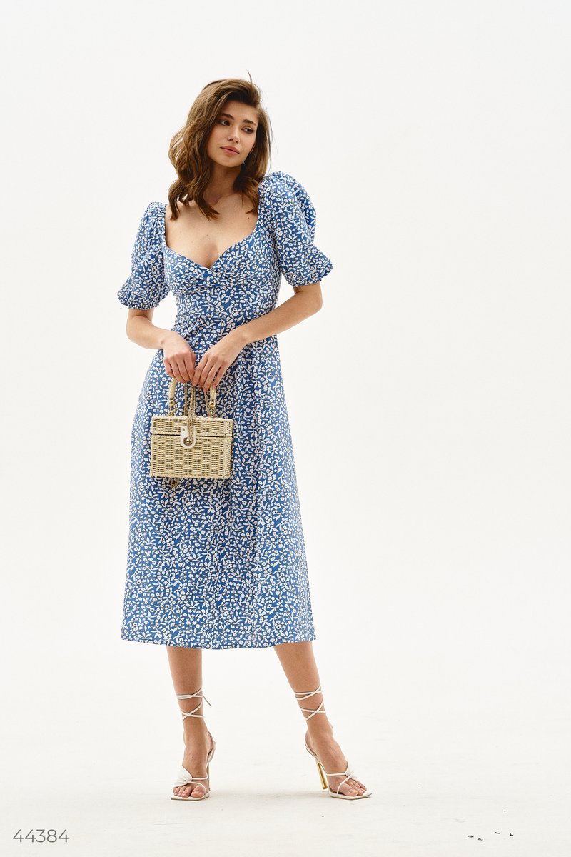 Floral Puff Sleeve Slit Midi Dress