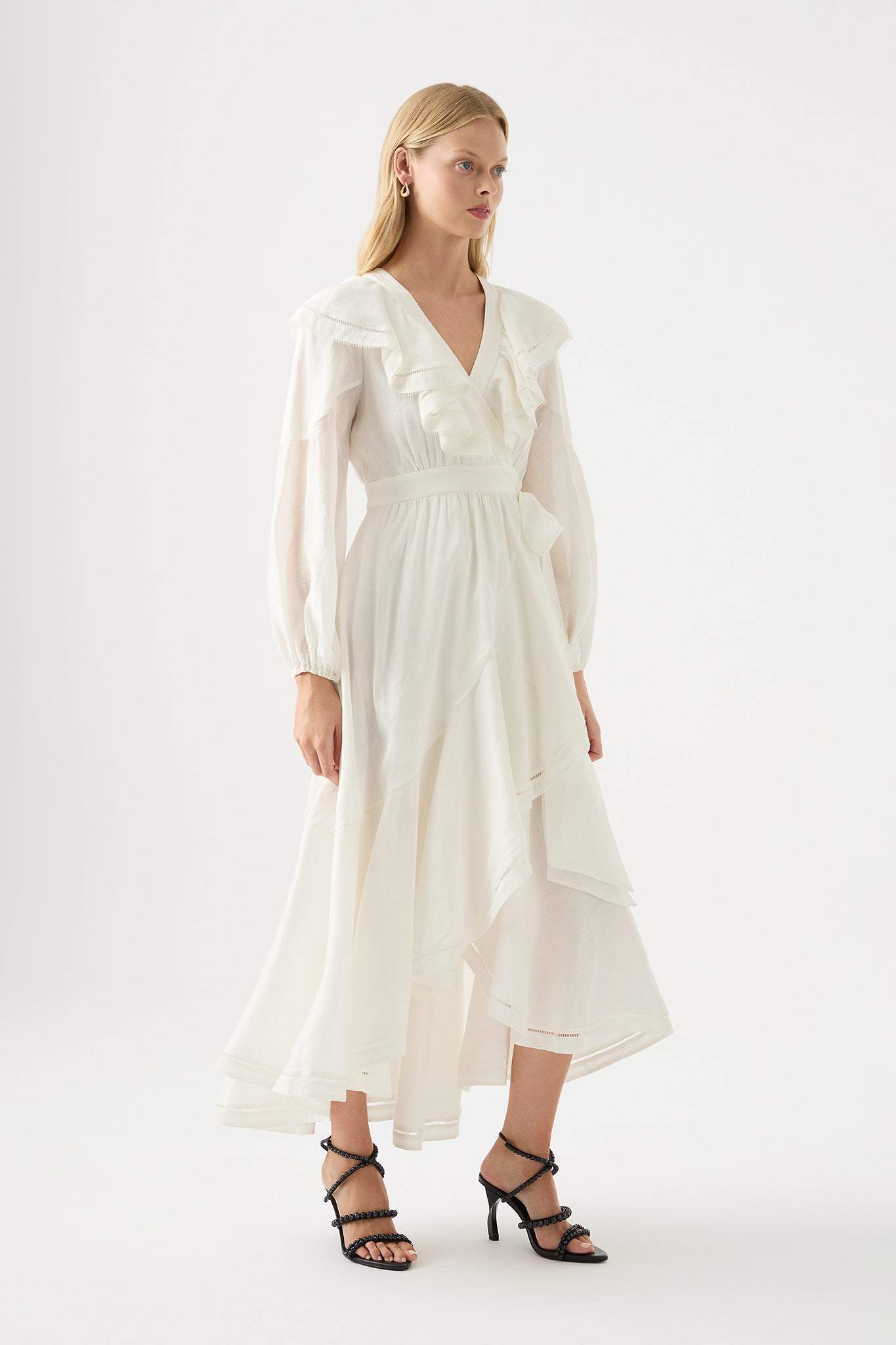 White Long Sleeve V-Neck Asymmetric Ruffle Hem Midi Dress