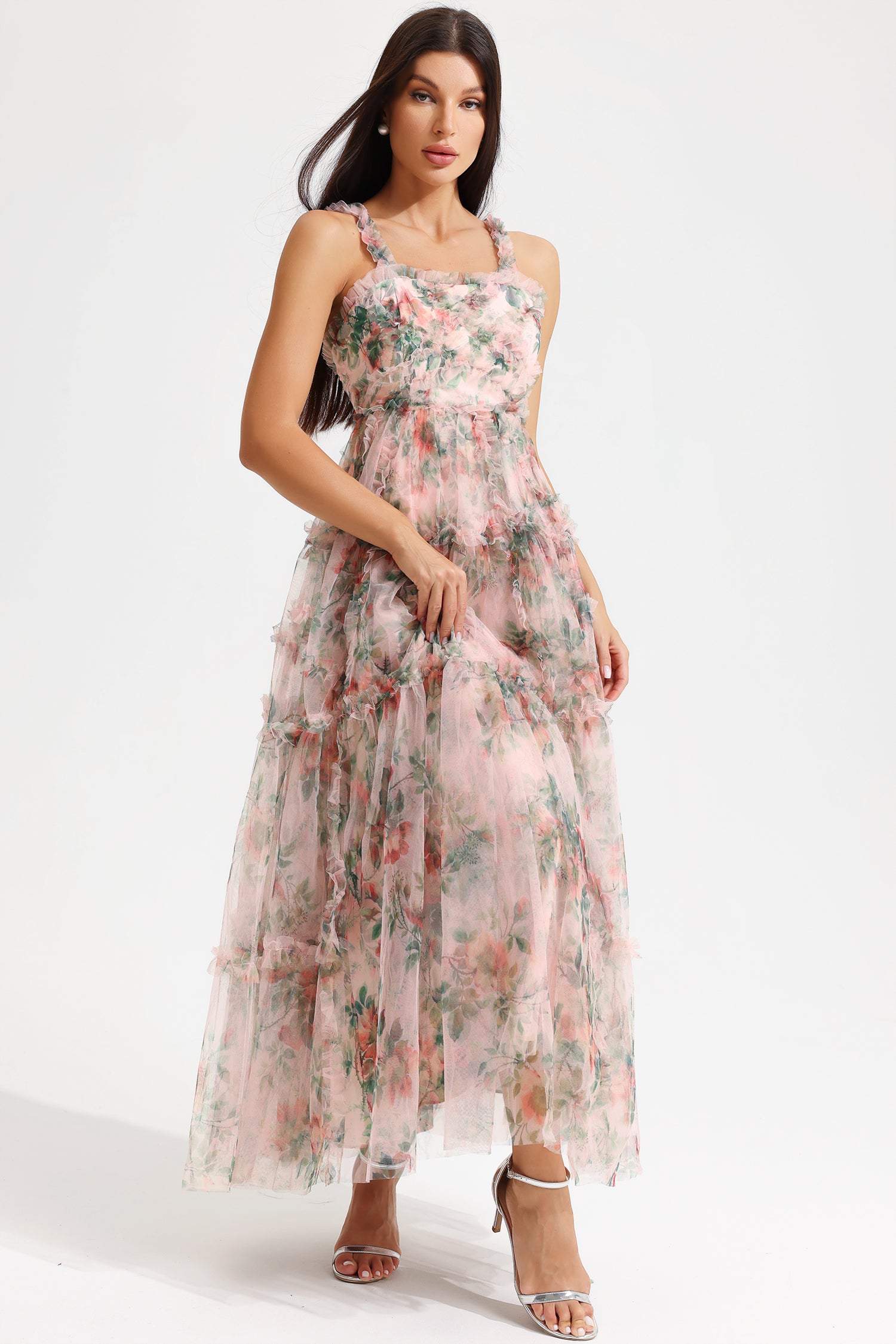 Floral Cami Tapered Waist Frill Hem Midi Dress Pink