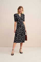 Silk Short Sleeve V-Neck Print Midi Dress Blue