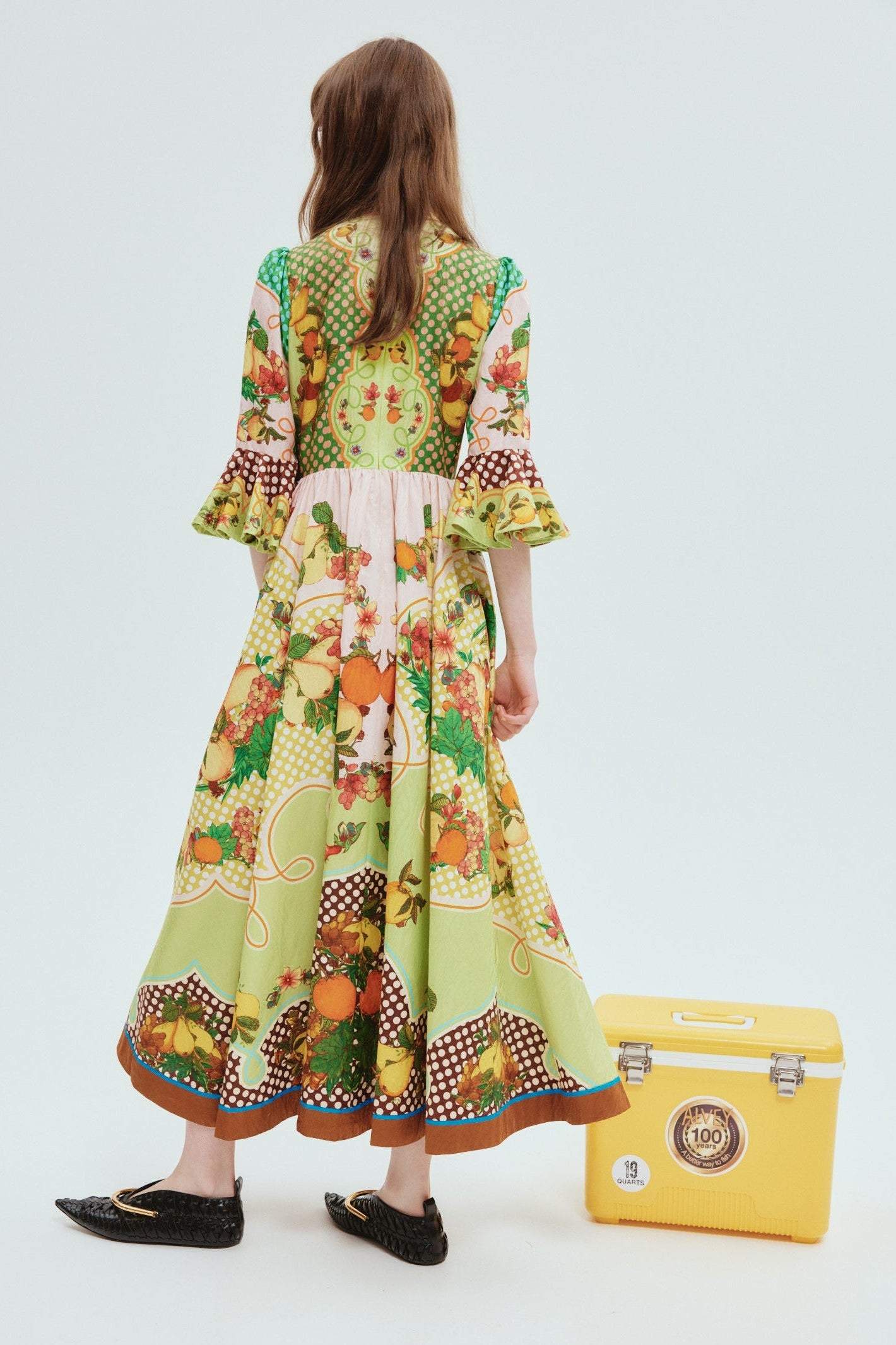 Fruit Print Stand Collar Midi Dress