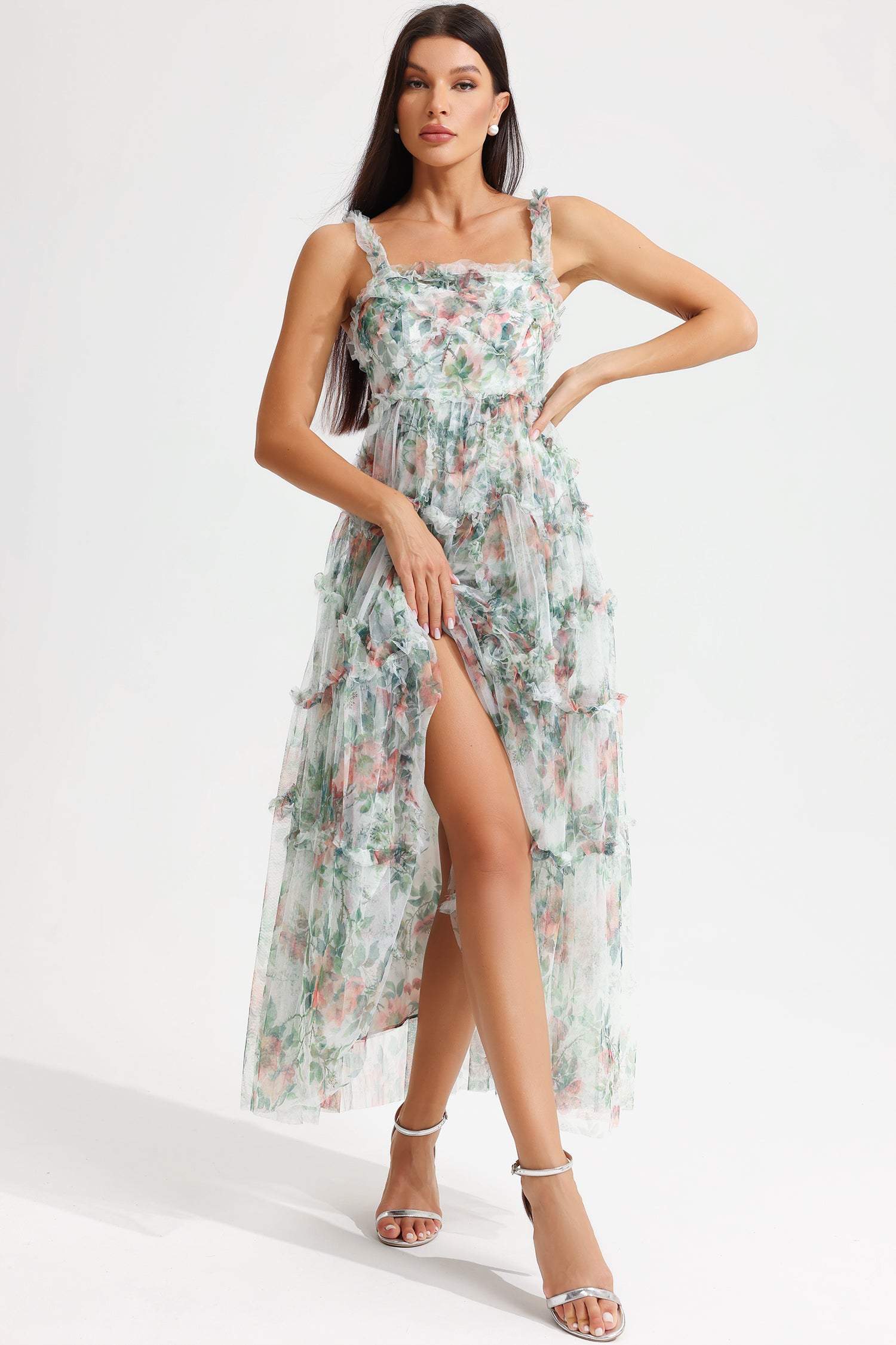 Floral Cami Tapered Waist Frill Hem Midi Dress Green