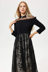 Long Sleeve Crew Collar Lace Midi Dress Black