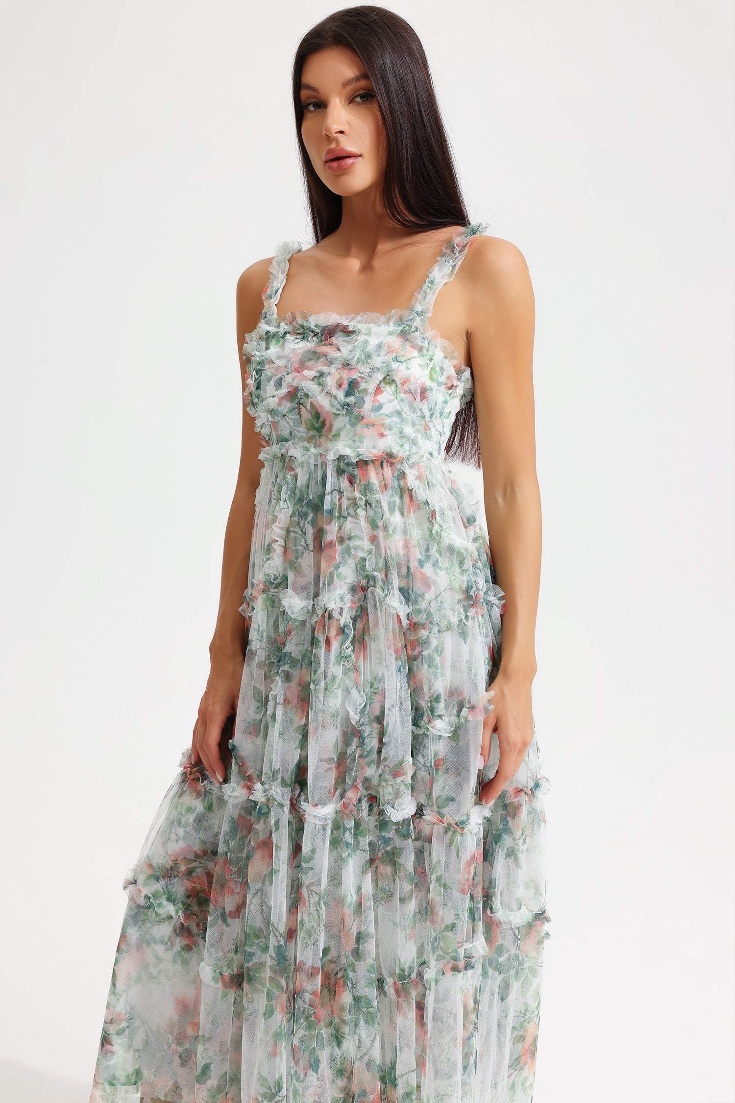 Floral Cami Tapered Waist Frill Hem Midi Dress Green