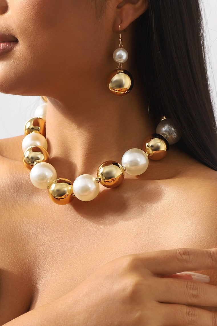 Faux Pearl Metal Ball Necklace ï¼?Earrings Set