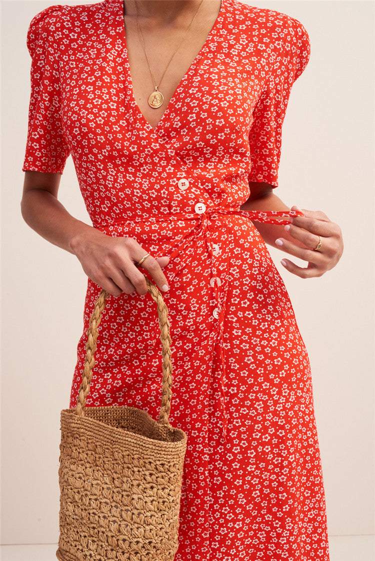 Floral Short Sleeve V-Neck Midi Dress