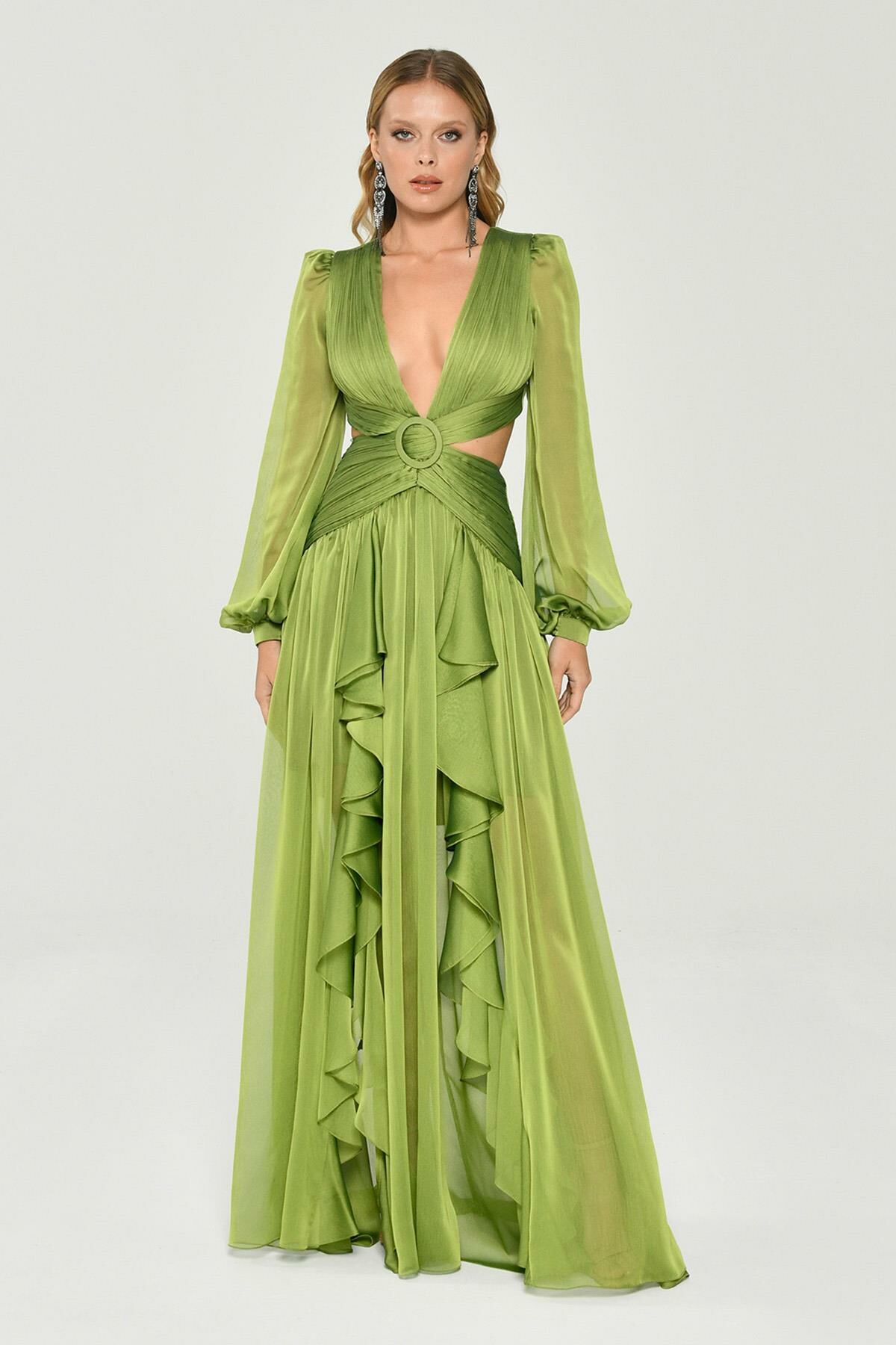 Solid V-Neck Ruffle Split Lantern Sleeve Maxi Dress