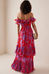 Printed One-Shoulder Ruffle Maxi Dress