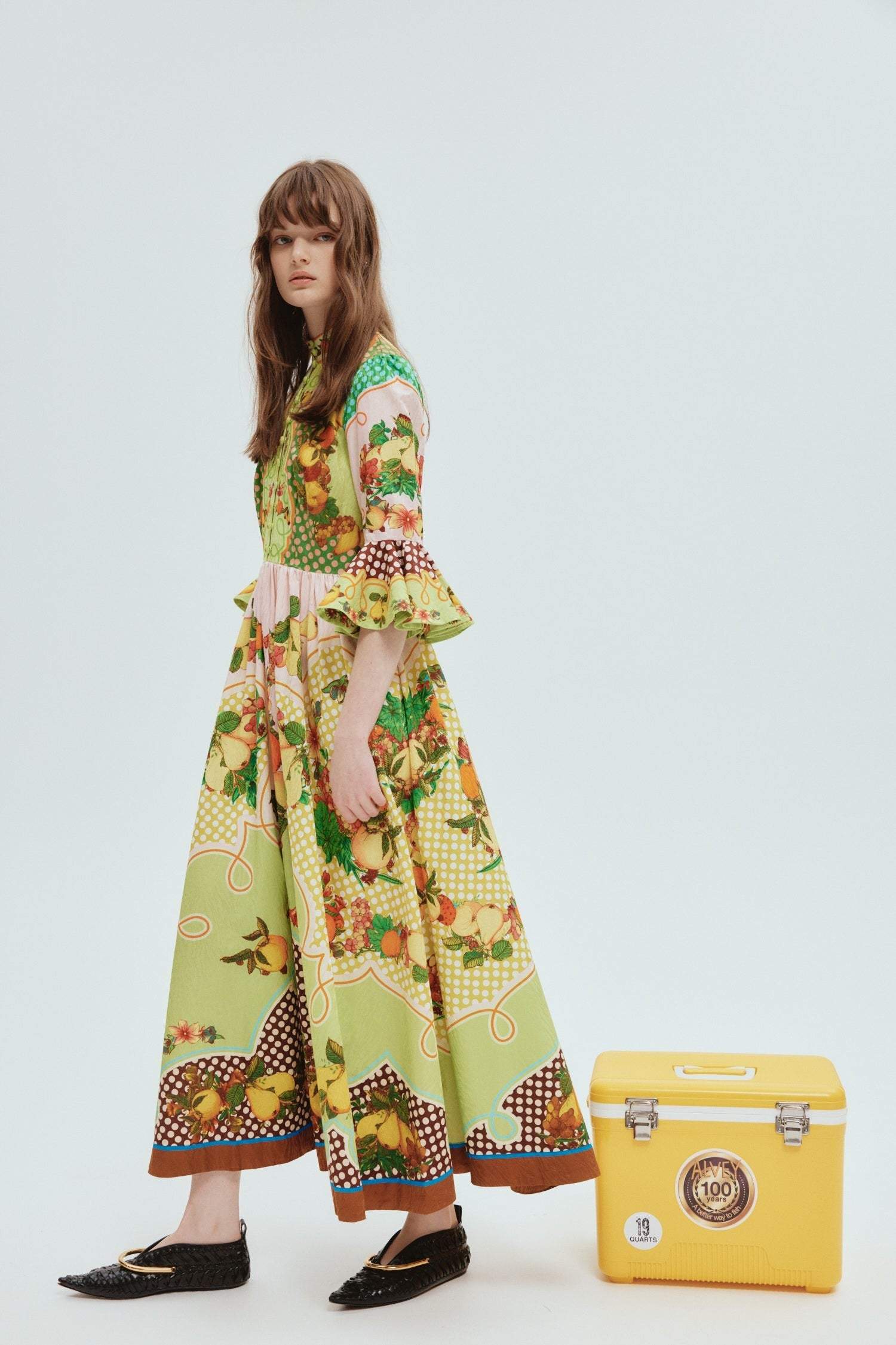 Fruit Print Stand Collar Midi Dress