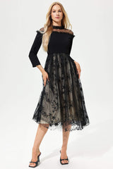 Long Sleeve Crew Collar Lace Midi Dress Black