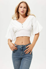 Mid Sleeve V-Neck Top White