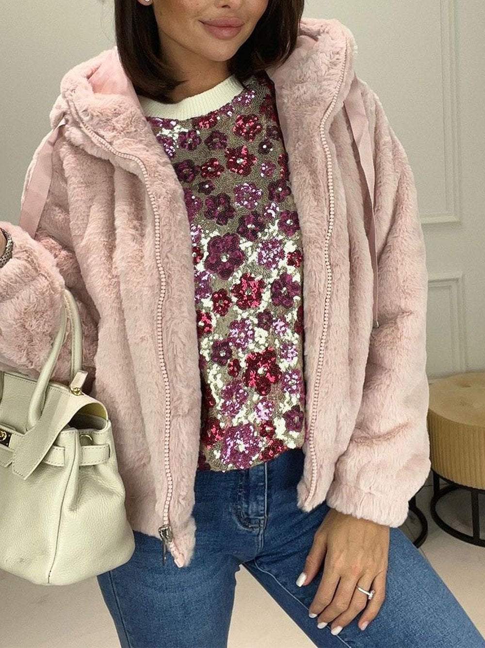 Women's Solid Color Furry Hooded Coat