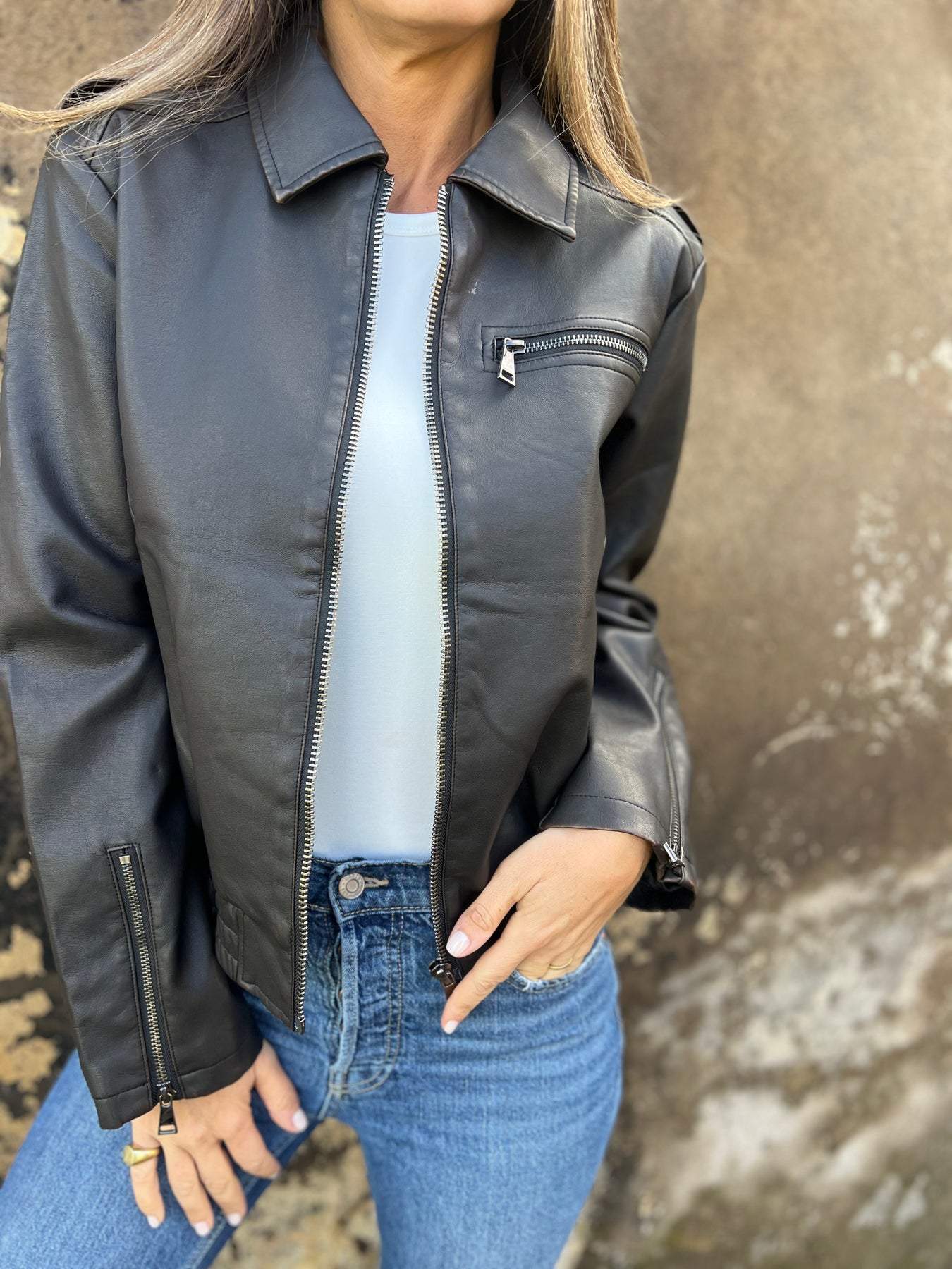 Women's Lapel Long Sleeve Casual Leather Jacket