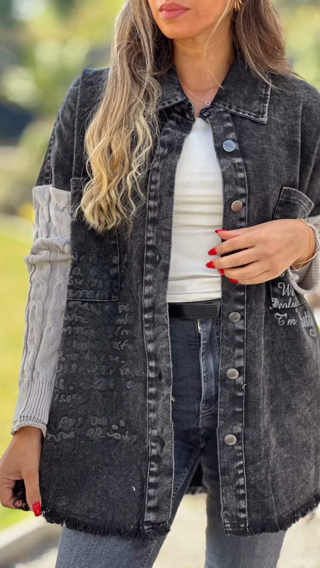 Denim Paneled Knit Hooded Jacket