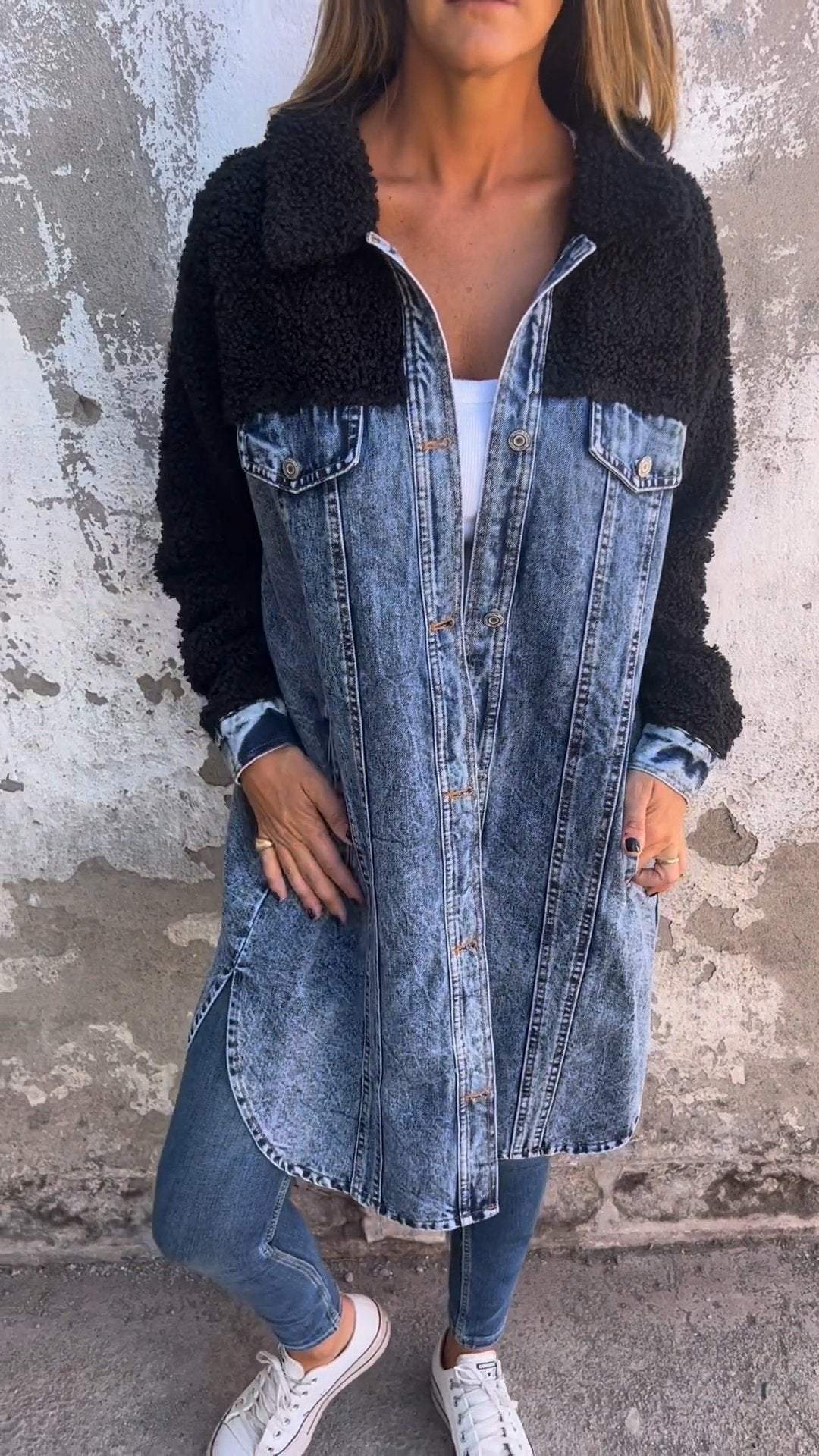 Lapel Single-breasted Long Denim Jacket