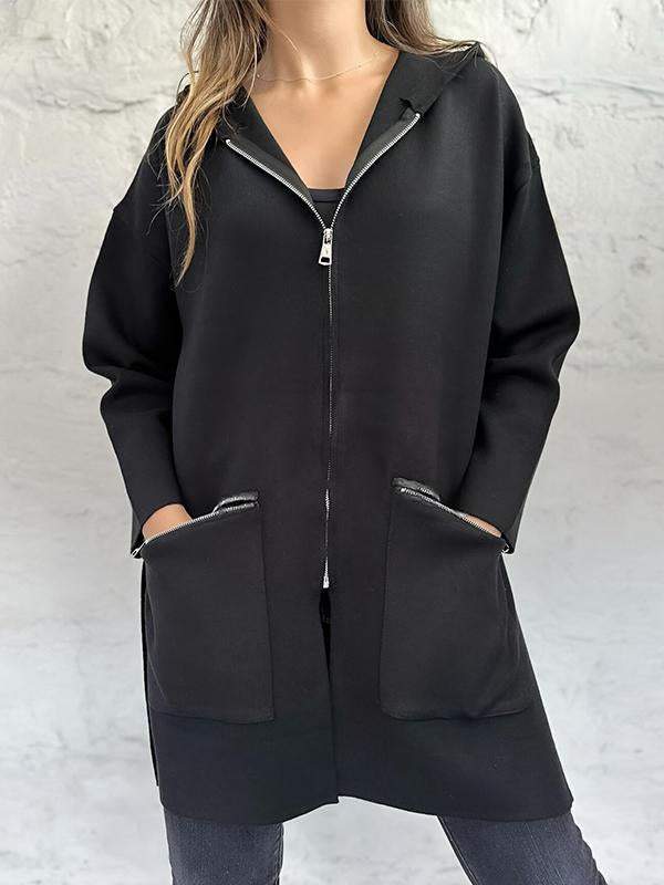 Women's Autumn Hooded Solid Color Zipper Jacket