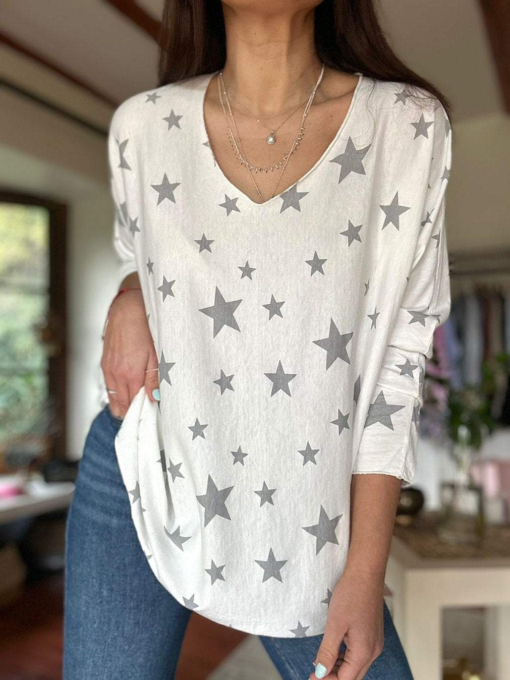 Women's Casual Star Print Round Neck Long Sleeve Top