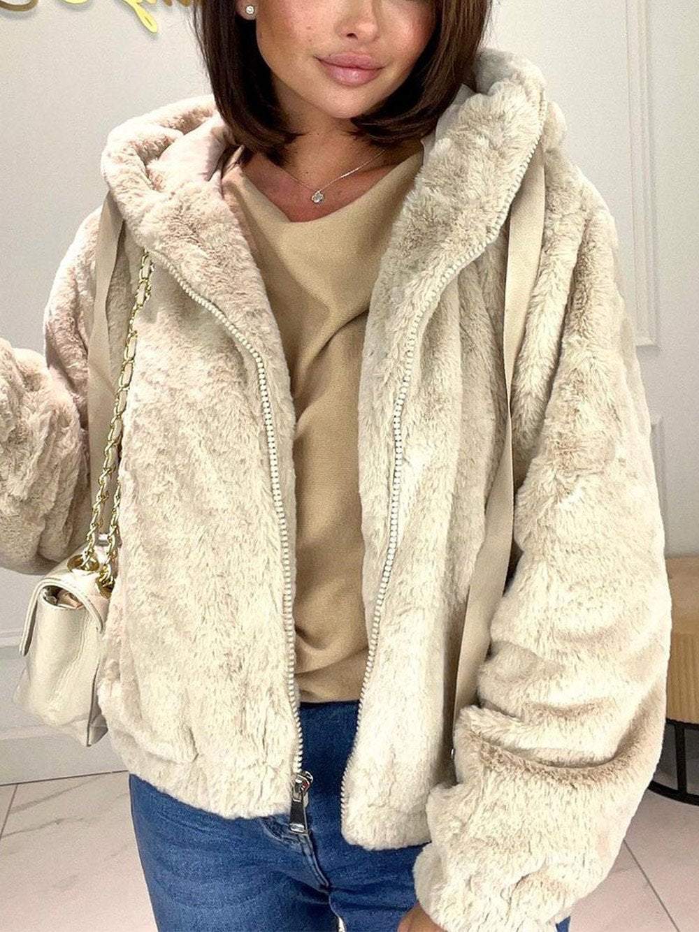 Women's Solid Color Furry Hooded Coat