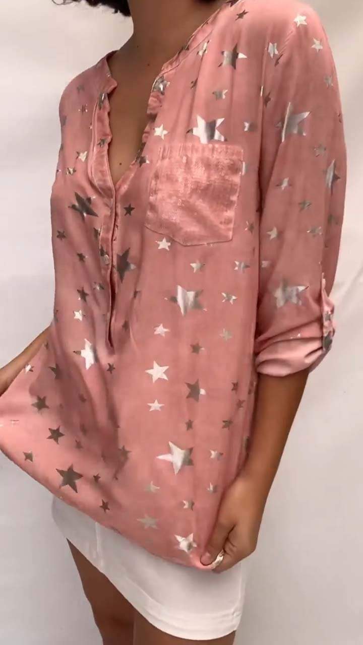 Women's Casual Star Print Sequin Pocket Long Sleeve Top