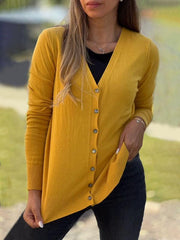 Women's Solid Color Buttoned V-neck Sweater Top